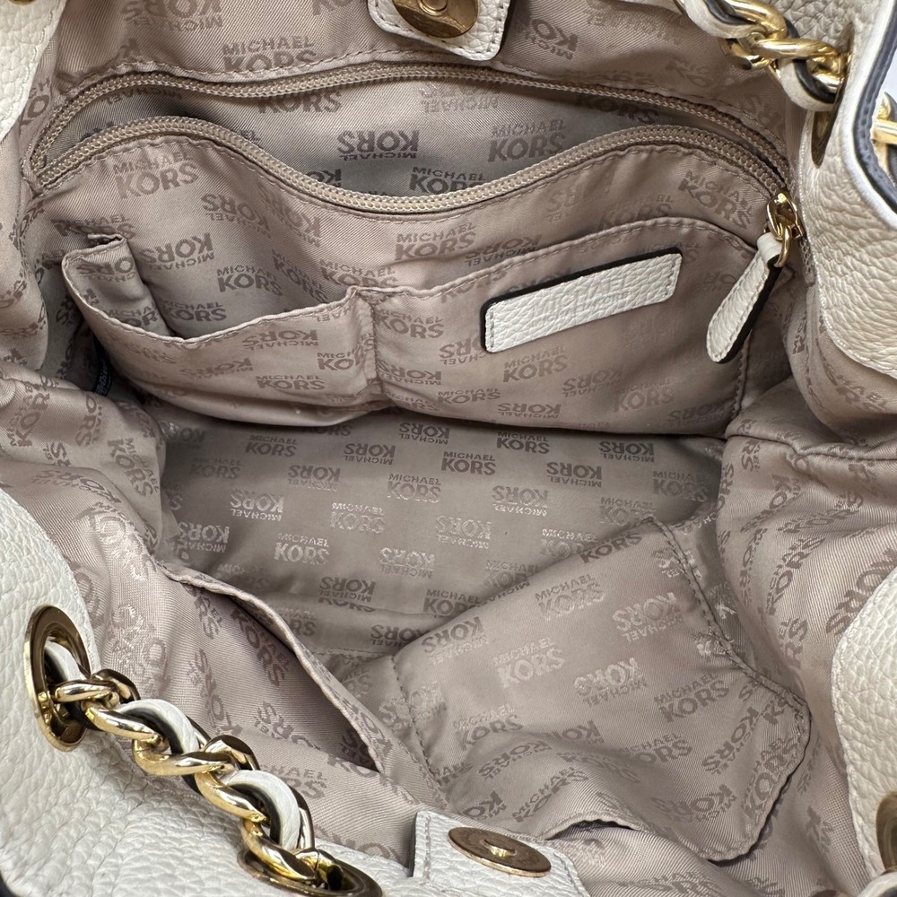 Michael Kors White Leather Drawstring Bucket Bag Gold Chain Shoulder Strap - Picture 2 of 14